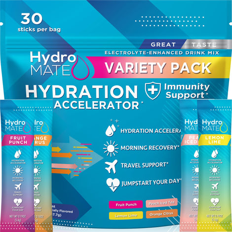 NatureWorks HydroMATE variety pack front view with assorted electrolyte packets