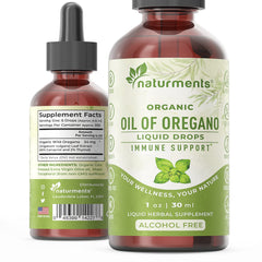 Naturments Oregano Oil Drops droplets in glass highlight easy daily dosing.
