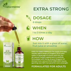 Naturments Oregano Oil Drops label reveals organic wild Mediterranean origin.