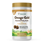 NaturVet Omega-Gold Plus Salmon Oil bottle supports shiny coats and healthy skin.