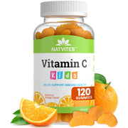 Natvites Kids Vitamin C gummies in orange bottle promote immune support for kids.