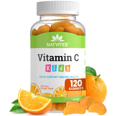 Natvites Kids Vitamin C gummies in orange bottle promote immune support for kids.