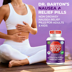 Nausea Stop capsules pour shot highlighting easy-to-take nausea support.