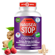 Nausea Stop ginger capsules bottle close-up showing natural relief for mild nausea.