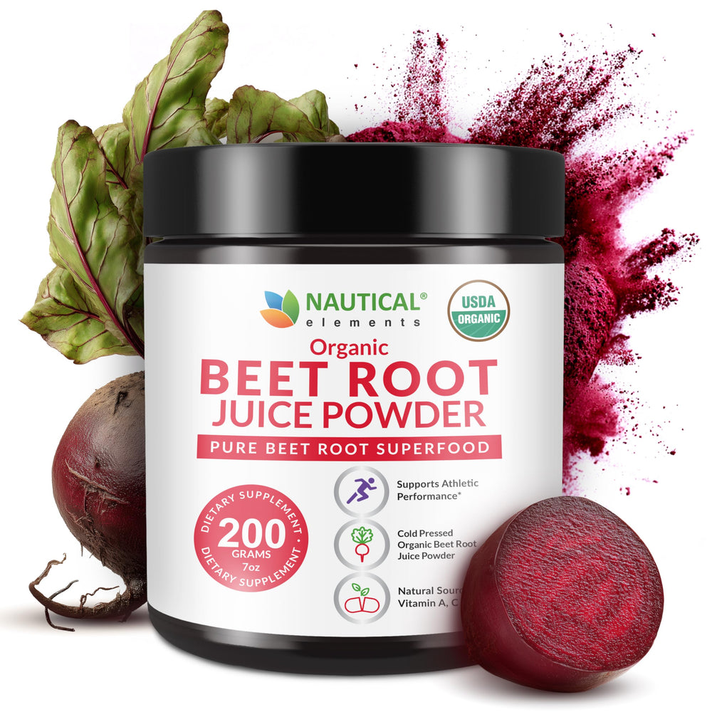 Nautical Elements beet juice powder jar, premium organic concentrate for daily wellness.