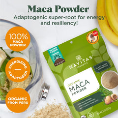Navitas Organics Maca Powder pouring bag—smooth, malty mix for lattes.