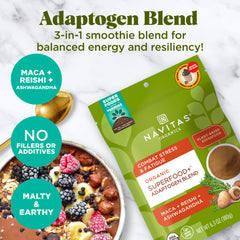 Navitas Organics Maca Reishi Ashwagandha ingredients panel for natural energy balance