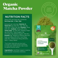 Navitas Organics Matcha powder bag closeup, premium culinary grade for lattes