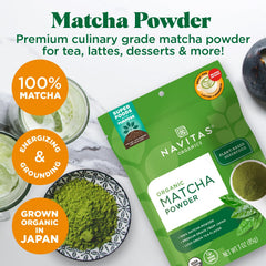 Navitas Organics Matcha powder jar back label with EGCG and L-theanine notes