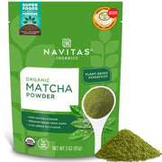 Navitas Organics Matcha powder jar front showing vibrant green powder for energizing drinks