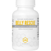 NBI Belly Rescue bottle closeup, shelf-stable daily probiotic for digestive comfort.