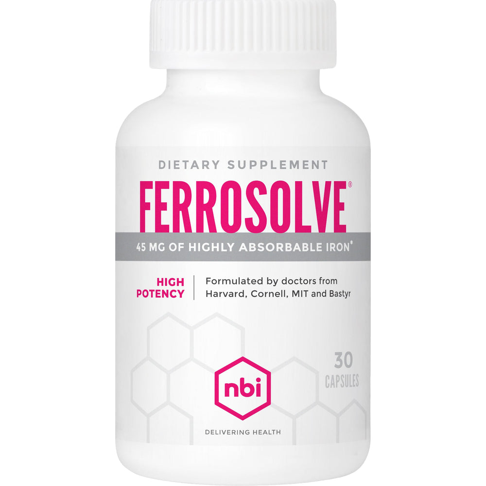 NBI FerroSolve bottle front with 30 veggie capsules for daily energy support.