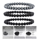 NCB three-piece bracelets on wrist with onyx and hematite for focus