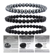 NCB three-piece bracelets on wrist with onyx and hematite for focus