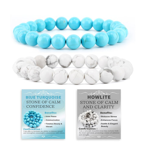 NCB blue turquoise and howlite bracelets close-up highlighting calm tones