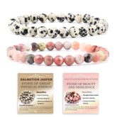NCB dalmatian jasper bracelet pack on display, showcasing natural stone patterns.
