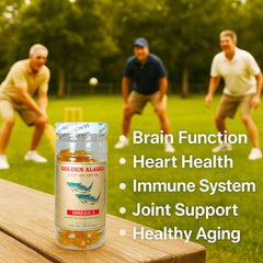 NCB Omega-3 Golden Alaska bottle pour shot illustrates convenient dosing and rapid absorption potential.