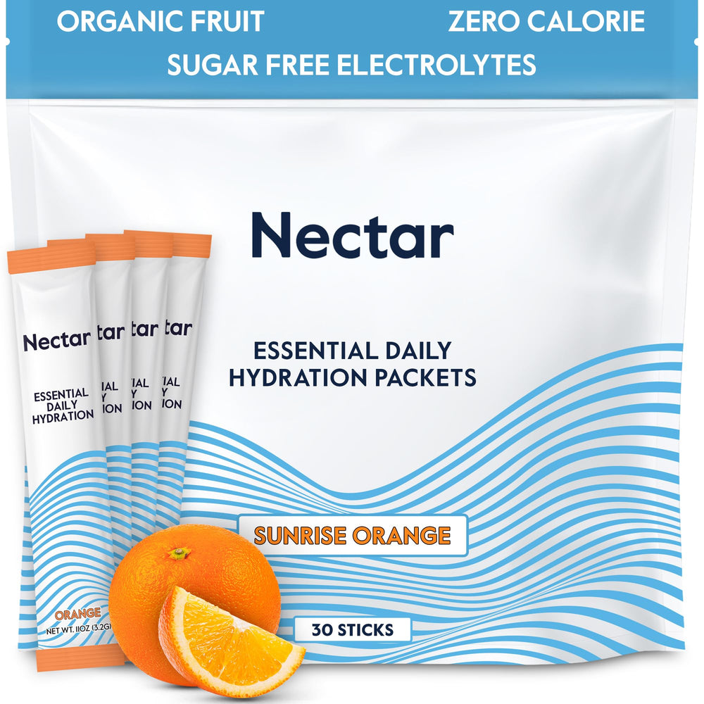 Nectar Hydration Packets orange 30-pack front view, zero-calorie electrolytes for daily hydration.