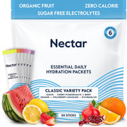 Nectar hydration packets organic fruit flavor for quick, zero-calorie hydration.