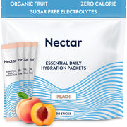 Nectar Hydration Packets peach packaging showing daily electrolyte support on the go