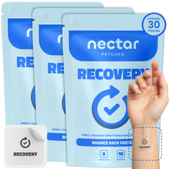 Nectar Recovery Patches bottle close-up with premium ingredients for nighttime refresh