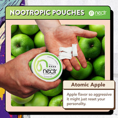 Nectr Energy Atomic Apple pouch in mouth for smooth focus.