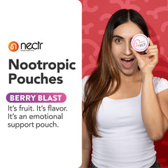 Nectr Energy Berry Blast close-up reveals slim lip-ready pouches for easy use.