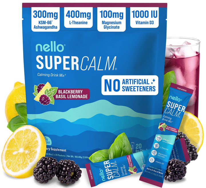 Nello Supercalm canister with spoon, powder ready to dissolve for on-the-go calm.