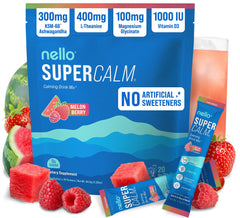 Nello Supercalm Melon Berry packet ready to mix for on-the-go calm.