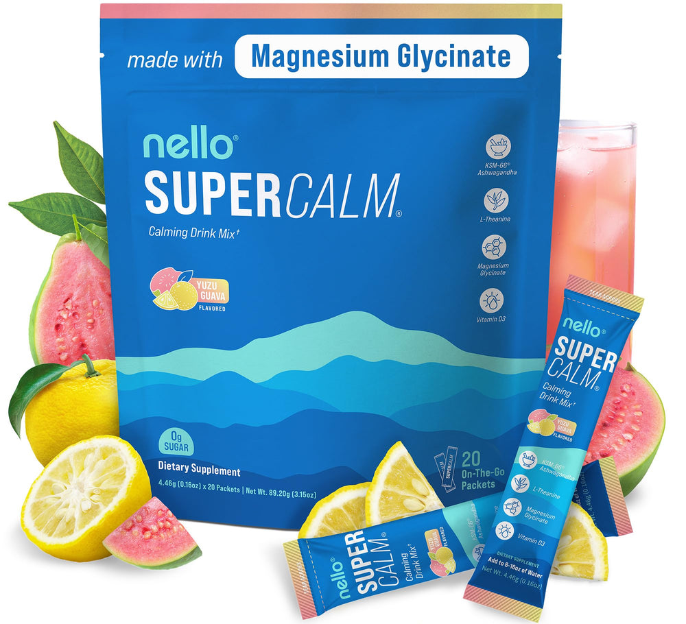 Nello Supercalm yuzu guava packet ready for on-the-go relaxation and focus