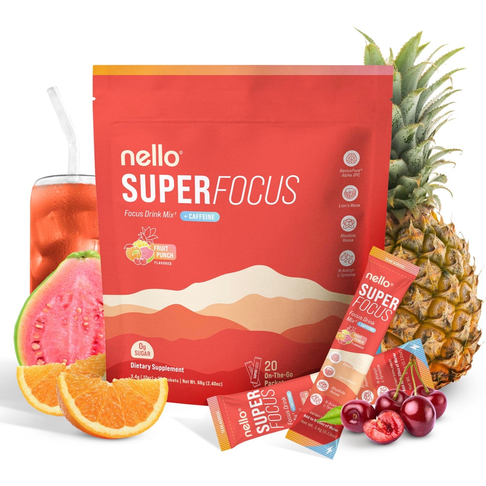 Nello Superfocus Fruit Punch packet open for quick focus on the go.