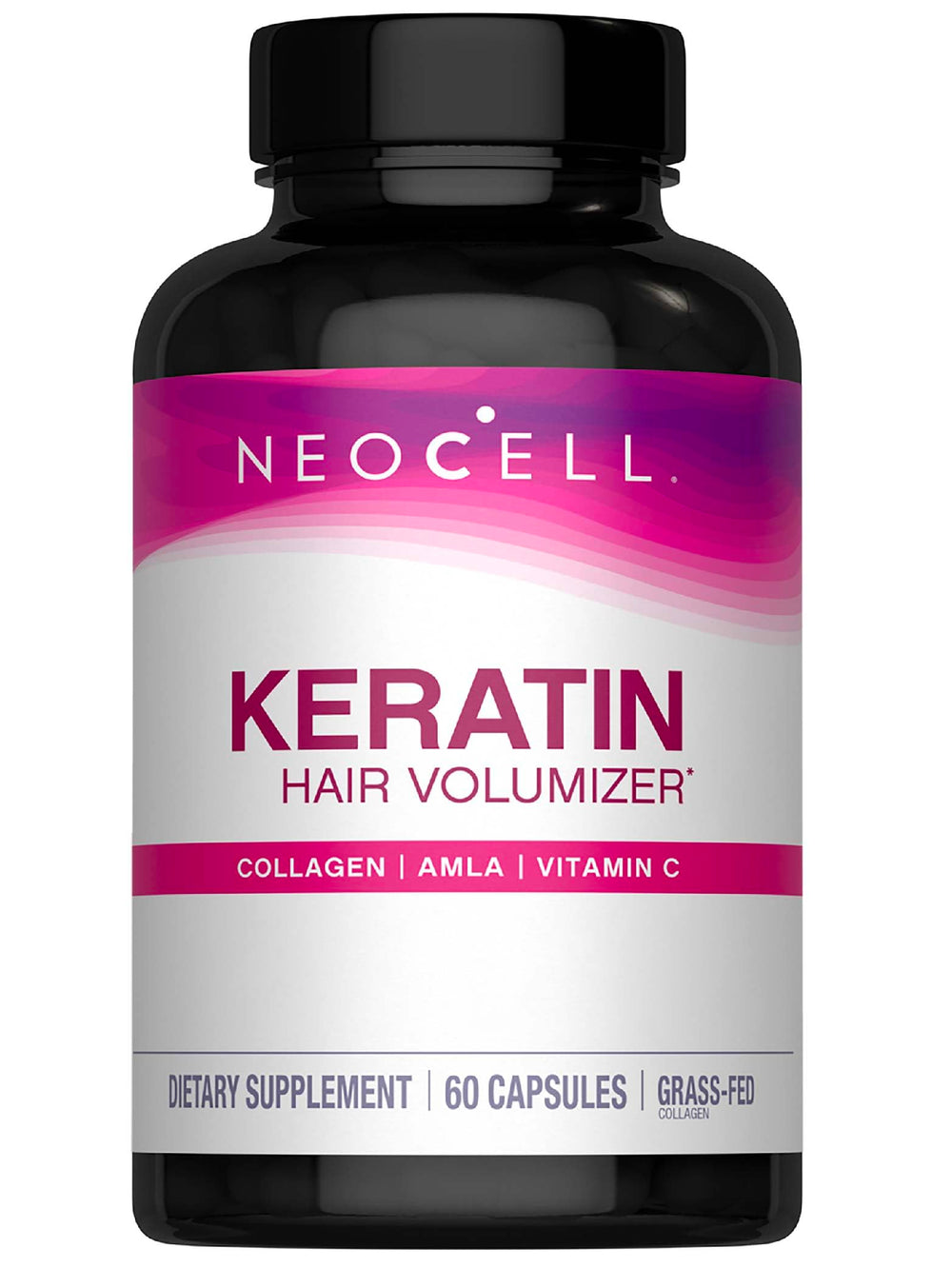 NeoCell Keratin Hair Volumizer bottle with capsules for hair strength and shine.