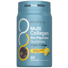 NeoCell Multi Collagen Bio-Peptides Gummies tropical bottle for daily on-the-go routine.
