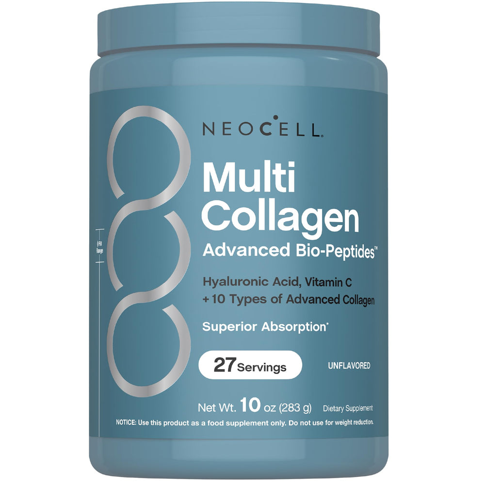 NeoCell Multi Collagen Bio-Peptides powder in tub with scoop, highlighting absorption.