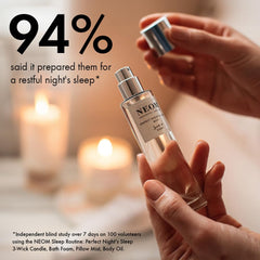 Neom Perfect Night's Sleep Mist room diffusion with candle enhances relaxing atmosphere.