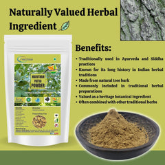 Neotea Arjuna bark powder close-up shows fine texture for mixing.