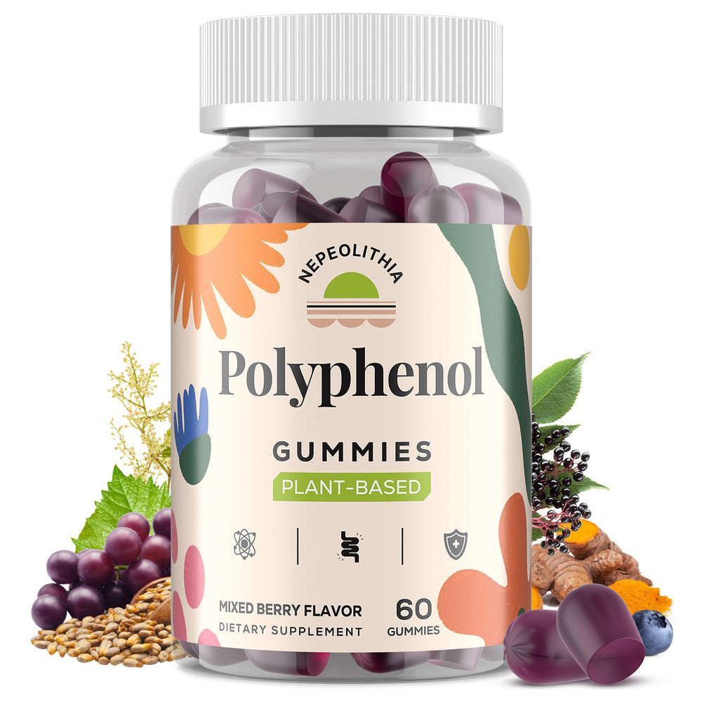 Nepeolithia Polyphenol Gummies bottle showing mixed berry flavor for daily plant-based support