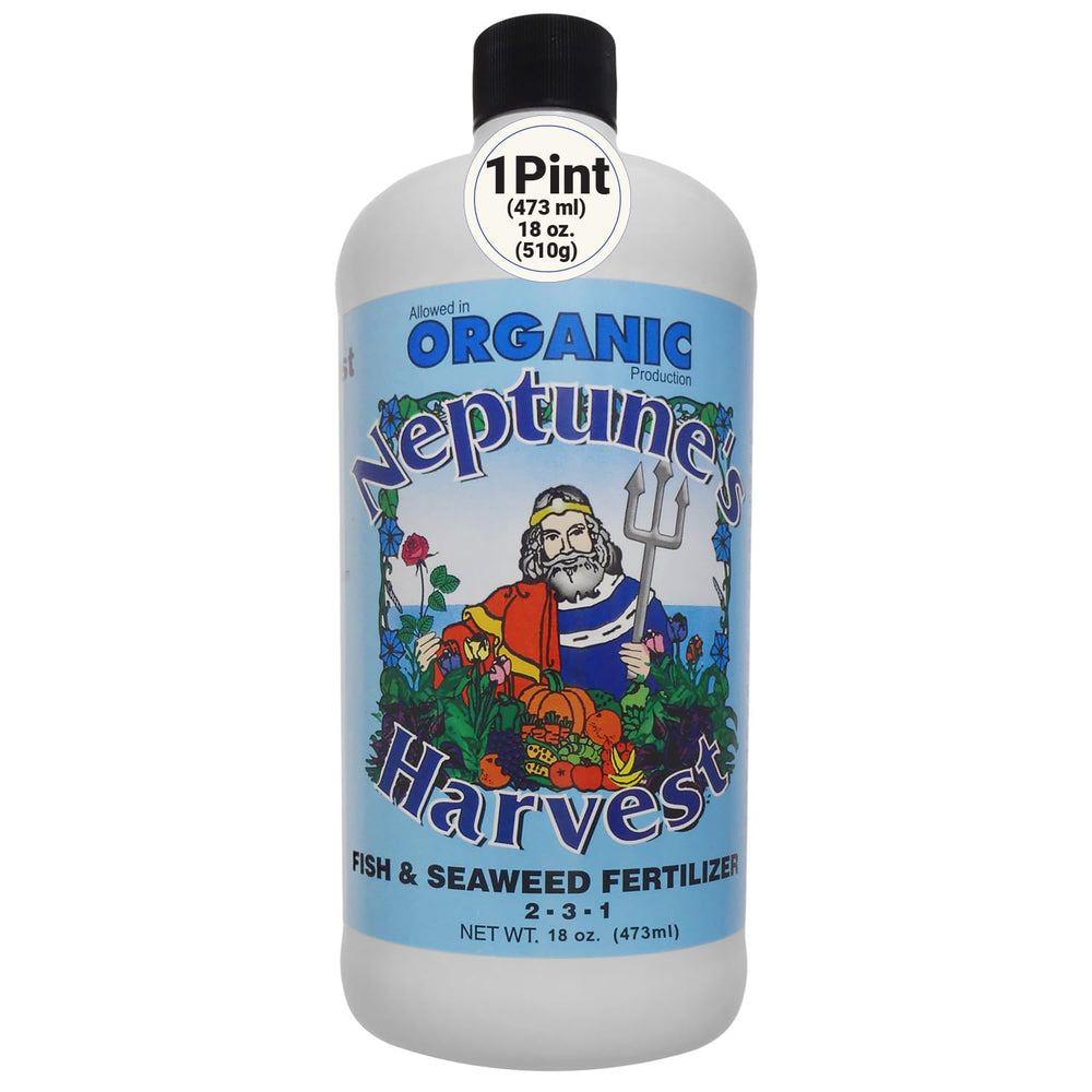Neptune's Harvest Fish & Seaweed, botella de 18 oz, alimentación ideal para hortalizas y flores.