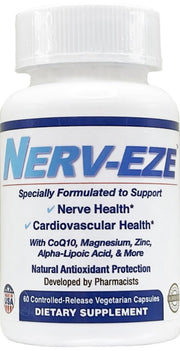 Nerv-Eze bottle showing CoQ10 and neurosupport ingredients for nerve and heart health.