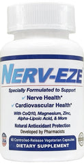 Nerv-Eze bottle showing CoQ10 and neurosupport ingredients for nerve and heart health.