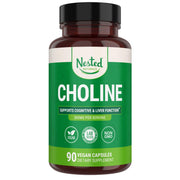 Nested Naturals Choline Bitartrate bottle with 90 vegan capsules for cognitive support