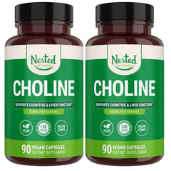 Nested Naturals Choline Bitartrate 500mg bottle on kitchen shelf supports cognitive focus.
