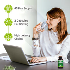 Nested Naturals Choline Bitartrate capsules arranged for daily brain health.