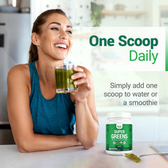 Nested Naturals Super Greens powder scoop beside jar highlights easy mixing