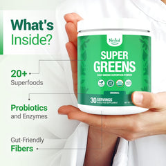 Pouring Nested Naturals Super Greens into water for a refreshing wellness drink.