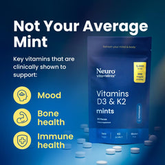 Neuro D3K2 mint tablet closeup emphasizes potency without pills or sugar.