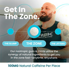 Neuro Energy Focus Gum ingredients panel highlights L-Theanine and vitamins supporting focus.