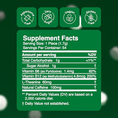 Neuro Energy & Focus Gum back label details caffeine and B vitamins benefits