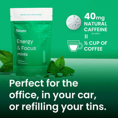 Neuro Energy & Focus Mints tin opened reveals mint pieces for quick lift