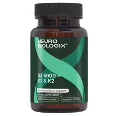 Neurobiologix D3 5000 + K1/K2 bottle front highlighting bone support.
